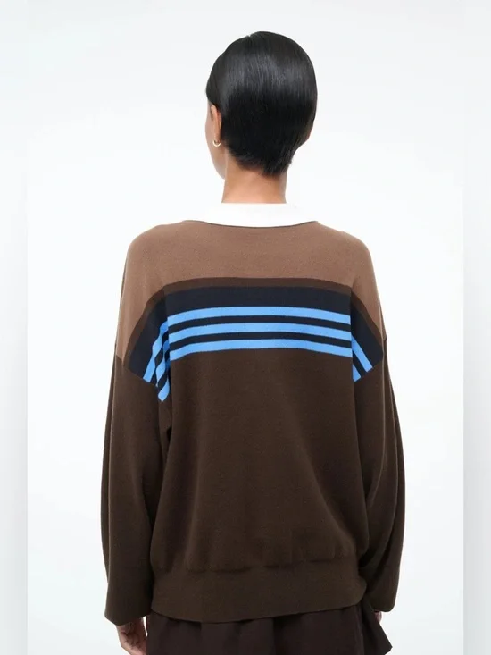 Staud Large Sail Top Earth Multi Stripe Cotton Knit Rugby Polo - Picture 2 of 9